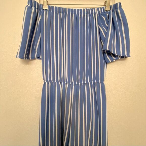 Blue minimal Stripe Culotte Jumpsuit off shoulder romper blue coastal preppy S - Picture 3 of 10